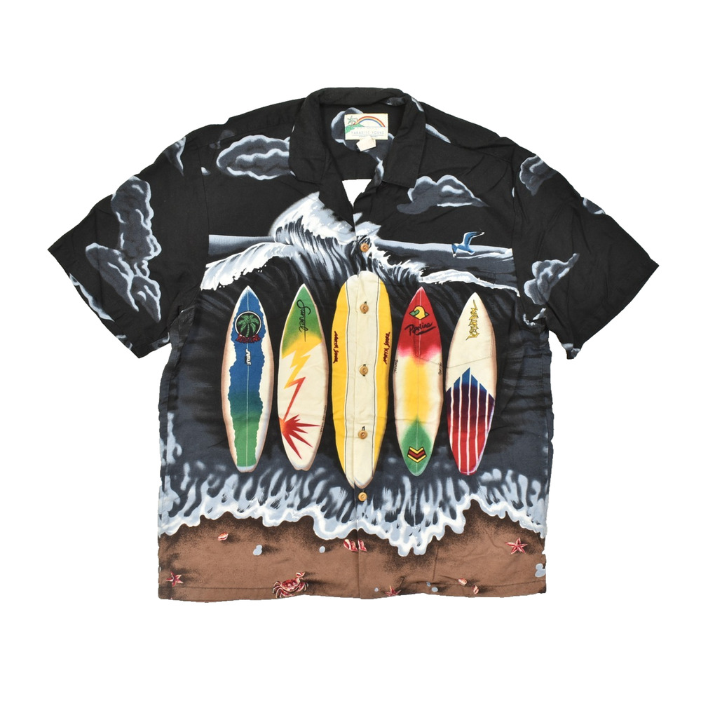 Paradise Found Hawaii Mens Large Black Rayon Surfboard Wave Allover Print Hawaii